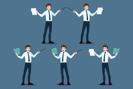 Set of businessman pose as pointing to educate, presentation, meeting, conference, mentor, coach on seminar, annual report training concept. Business company briefing and discussion analysis.のイラスト素材