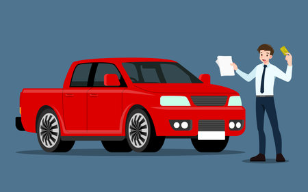 A happy businessman, salesman is standing and present his vehicles for sell or rent that parked in the shop with document. Business people or car dealer, show his new pick-up truck in show room.のイラスト素材