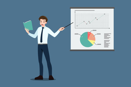 Businessman pointing to the screen for educate, presentation, meeting, conference, mentor, coach on seminar, annual report training concept. Business company briefing and discussion analysis.のイラスト素材