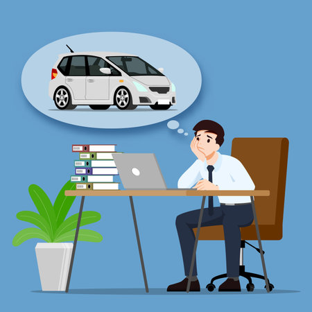 Businessman thinking or dreaming about buying a new beautiful modern car. An employee have a goal to own a personal vehicle and work for success. Vector illustration design.のイラスト素材