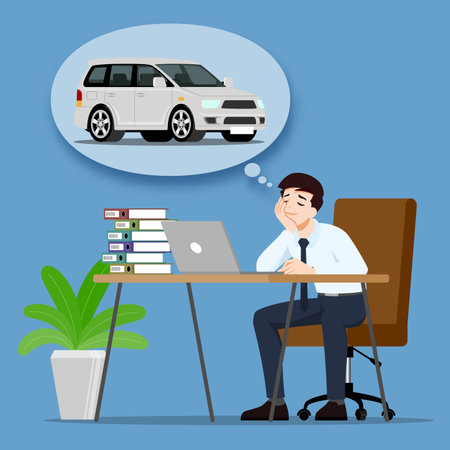 Businessman thinking or dreaming about buying a new beautiful modern car. An employee have a goal to own a personal vehicle and work for success. Vector illustration design.のイラスト素材