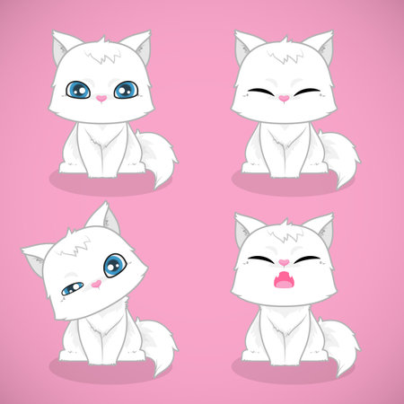 Set of cute white cats flat icons pet design collection isolated over white background. Vector Illustration Cartoon.のイラスト素材