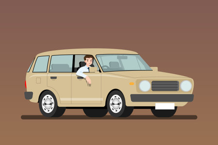 Businessman driving an old car to work but It's easy and fast than walk. Business people drive a cheap rusty light-yellow vehicle. Isolated vector illustration design.のイラスト素材