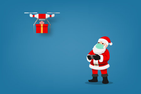 COVID-19 infographic of cute Christmas character, Santa Claus wear surgical mask controlling the drone to send a present gift for children and keep social physical distance. Corona virus protection.のイラスト素材