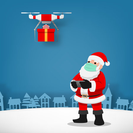 COVID-19 infographic of cute Christmas character, Santa Claus wear surgical mask controlling the drone to send a present gift for children and keep social physical distance. Corona virus protection.のイラスト素材