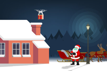 COVID-19 infographic of cute Christmas character, Santa Claus wear surgical mask controlling the drone to send a present gift for children and keep social physical distance. Corona virus protection.のイラスト素材