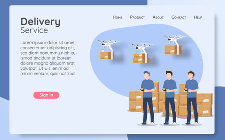 Online delivery service web page concept, online order by modern technology. The parcel box flying drone transporter control by delivery man, logistic home tracking delivery in new normal theme.のイラスト素材