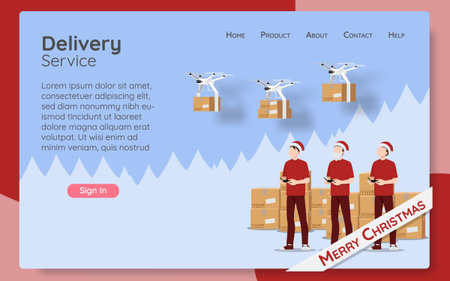 Online delivery service web page concept, online order by modern technology. The parcel box flying drone transporter control by employee, logistic home tracking delivery in new normal christmas theme.のイラスト素材