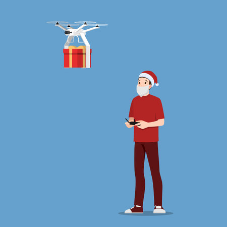 Santa Claus Holding remote control move drone copter delivery Christmas present gift to home. Element for web page, banner, poster, billboard, booklet for Merry Christmas season.のイラスト素材