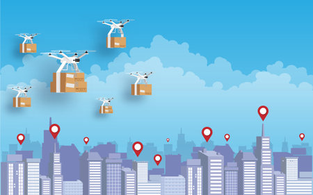 Delivery quadcopter carrying package against city background. Fast and convenient transportation logistic modern technology in new normal concept. Vector illustration Flat design.のイラスト素材