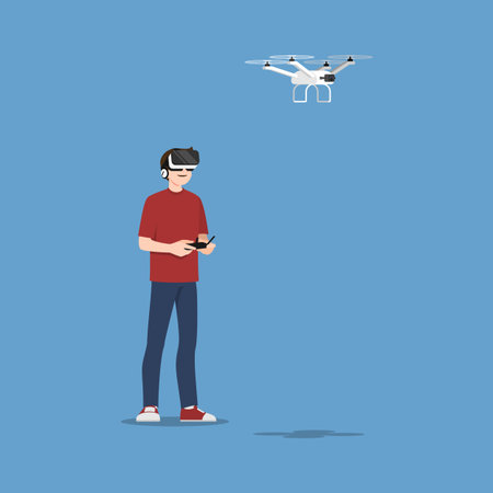 Young handsome man character wear vr glasses controlling a drone multi-copter with camera by wireless remote. The new modern technology device concept.のイラスト素材