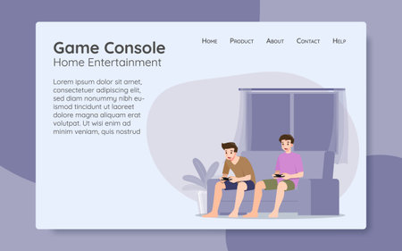Young handsome men character, playing an console online game by connect the internet on large flat screen television in the living room with friends. The new modern technology device concept.のイラスト素材
