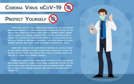 Doctor wear protection surgery mask against the virus. The fight against coronavirus infographic banner. Virus Covid 19-NCP Protection poster.のイラスト素材
