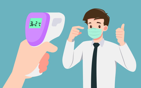A hand holding digital infrared thermometer checking body temperatures to prove that a businessman who wear mask were safe in the public. Social distancing to safe people from coronavirus, covid-19.のイラスト素材