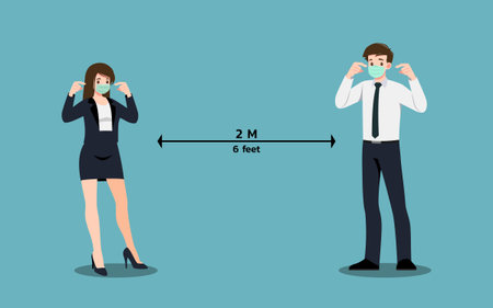 Businessman and Businesswoman who wear surgical mask show and prove that they were safe in public.のイラスト素材