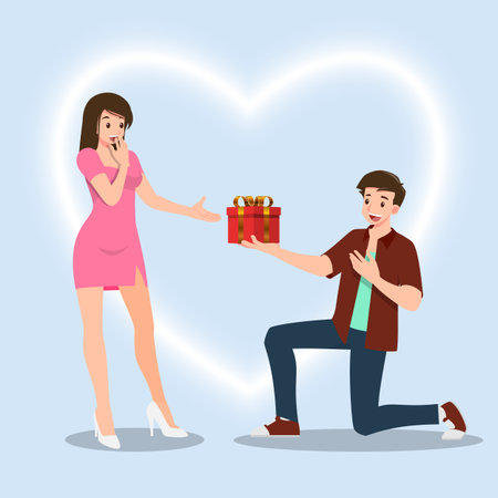A man kneeling to give a present gift to women. The designed in romantic concept of people giving love to each other for the festival of love such as Valentine's Day.のイラスト素材