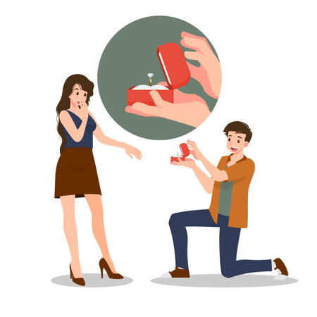 A man kneeling to give a diamond ring to married women. The designed in romantic concept of people giving love to each other for the festival of love such as Valentine's Day.のイラスト素材