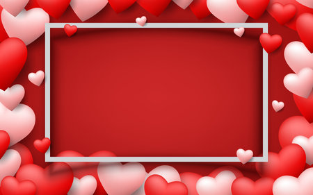 Beautiful hearts floating around a white frame of Valentine's Day on dark red background. Love theme wedding greeting card for happy festival celebration vector illustration.のイラスト素材