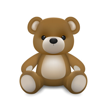 Realistic little cute baby bear doll character sitting on the ground isolated on white background. An animal bear cartoon relaxing gesture. Vector illustration design.のイラスト素材