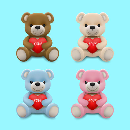 Realistic little cute smiling baby bear doll character hug red heart and sitting on the ground isolated on white background. An animal bear cartoon relaxing gesture. Vector illustration design.のイラスト素材
