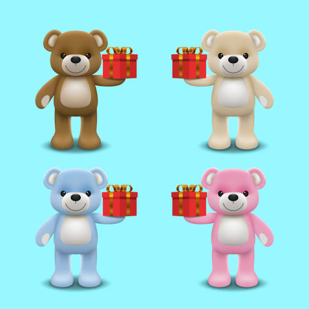 Realistic little cute baby bear doll character smiling and holding a red present gift for love. An animal bear cartoon relaxing gesture. Vector illustration design.のイラスト素材