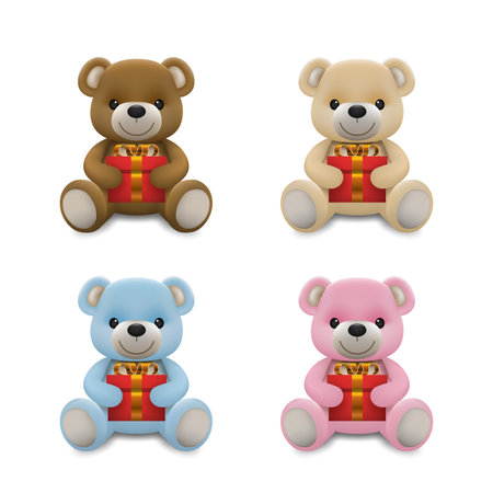 Realistic little cute baby bear doll character smiling and holding a red present gift for love. An animal bear cartoon relaxing gesture. Vector illustration design.のイラスト素材