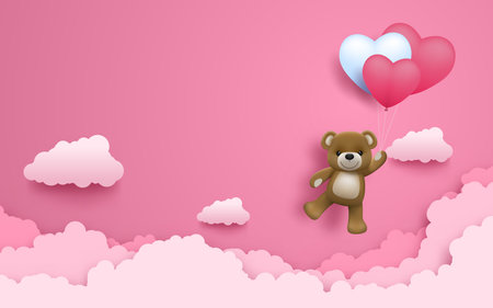 Illustration of love and valentine day, Realistic cute happy baby bear with air heart shape balloon flying on the pink sky. Wedding theme card or poster in vector 3D design.のイラスト素材