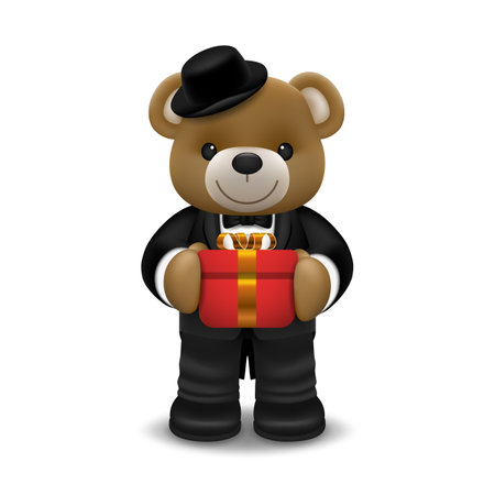 Realistic little cute smiling bear doll wear tuxedo character holding a gift box and standing isolated on white background. Valentine's day and love concept vector illustration design.のイラスト素材
