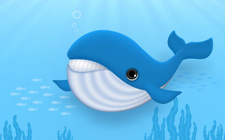 Huge blue whale under the sea. Cute underwater creatures live under the sea fauna of tropical cartoon vector illustration.のイラスト素材