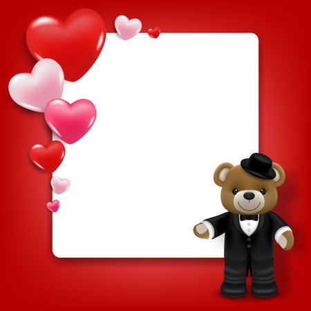 Realistic little cute smiling bear doll character stand in front of white frame with hearts. Vector illustration of love and valentine's day. Wedding theme card or poster element in vector 3D design.のイラスト素材