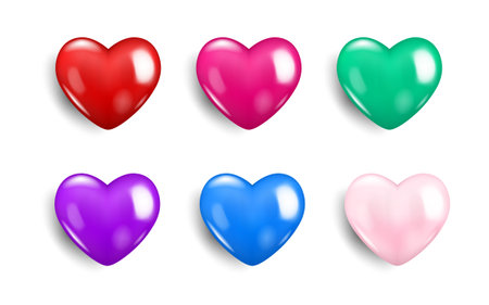 Realistic Valentine heart icon collection in different color, Symbol of love icon 3d style modern design isolated on white blank background. Vector illustration design.のイラスト素材