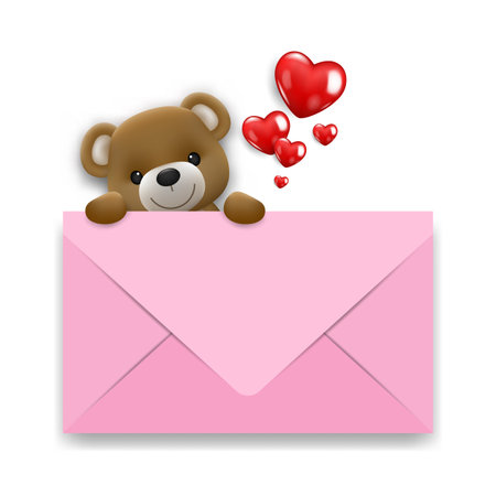 Realistic little cute smiling bear doll character climb up behind a white mail with hearts. Vector illustration of love and valentine's day. Wedding theme card or poster element in vector 3D design.のイラスト素材