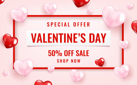 Realistic vector template of Valentine's Day sale background with balloons hearts icon. Romantic composition of frame and banner for discount, special offers, website, posters, promotional material.のイラスト素材