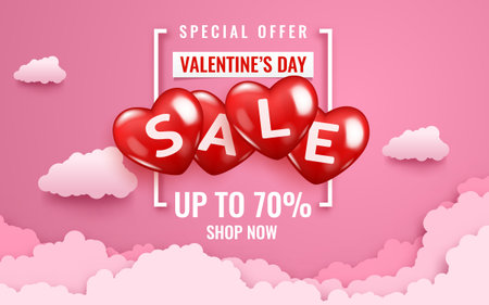 Realistic vector template of Valentine's Day sale background with balloons hearts icon. Romantic composition of frame and banner for discount, special offers, website, posters, promotional material.のイラスト素材