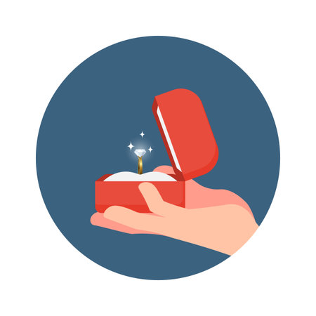 The icon of hand is holding a box and open ring for engage, wedding to show a diamond ring. Vector graphics on the theme of love or important period such as Valentine's Day, card, poster, brochure.のイラスト素材