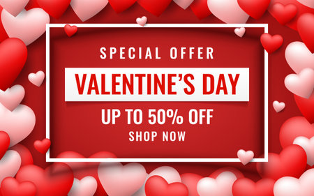 Realistic vector template of Valentine's Day sale background with balloons hearts icon. Romantic composition of frame and banner for discount, special offers, website, posters, promotional material.のイラスト素材