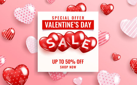 Realistic vector template of Valentine's Day sale background with balloons hearts icon. Romantic composition of frame and banner for discount, special offers, website, posters, promotional material.のイラスト素材