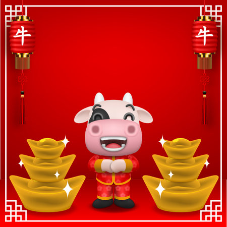 2021 Happy Chinese new year, year of the greeting little cute ox cartoon realistic character isolated on white background. Lucky and rich gold prey meaning concept of china traditional vector design.のイラスト素材
