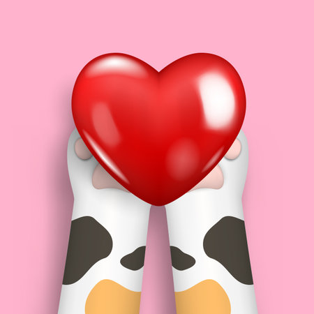 3D realistic cat paws, legs, dog paws, kitten footprint send love and heart isolated on pink background. Vector illustration for domestic animal, pet concept.のイラスト素材
