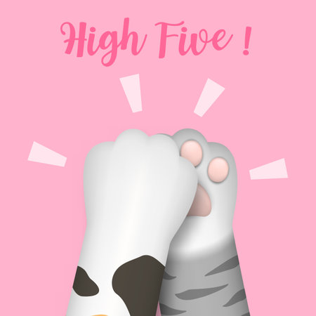 3D realistic multi-colored cat paws, legs, dog paws, kitten footprint do high-five isolated on pink background. Vector illustration for domestic animal, pet concept.のイラスト素材