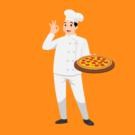 Happy chef cartoon portrait of young big guy cook wearing hat and chef uniform hold plate of delicious pizza and do OK sign gesture. Man cook and Italian food and show to camera. Vector simple design.のイラスト素材