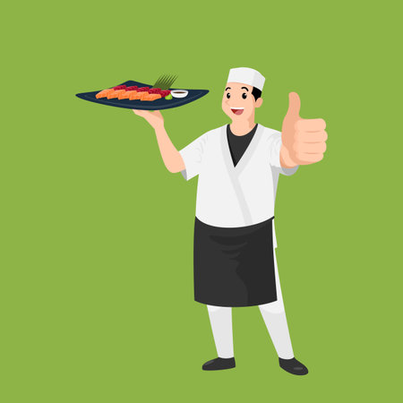 Happy Japanese chef cartoon portrait of young big guy cook wearing hat and chef uniform hold dish of sushi and do thumb up sign gesture. Man cook delicious food and show to camera.のイラスト素材