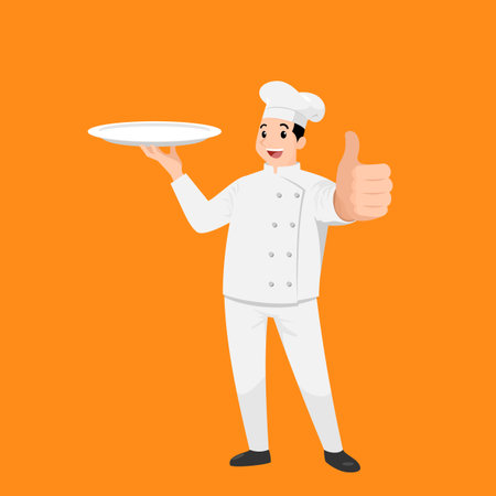 Happy chef cartoon portrait of young big guy cook wearing hat and chef uniform hold empty dish and do thumb up sign gesture and show to camera. Vector simple design.のイラスト素材
