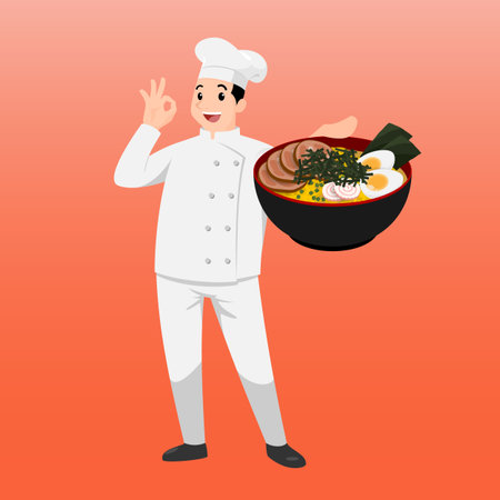 Happy chef cartoon portrait of young big guy cook wearing hat and chef uniform hold bowl of ramen and do thumb up sign gesture. Man cook delicious food and show to camera.のイラスト素材
