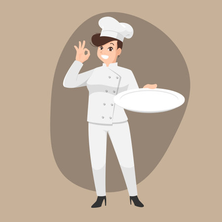 Happy chef cartoon portrait of young big guy cook wearing hat and chef uniform hold empty dish and do OK sign gesture and show to camera. Vector simple design.のイラスト素材