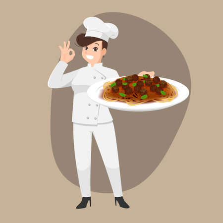 Happy chef cartoon portrait of young woman cook wearing hat and chef uniform hold spaghetti dish and do OK sign gesture and show to camera. Vector simple design.のイラスト素材