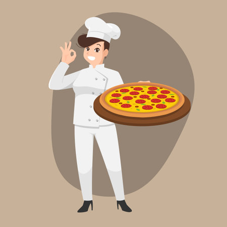 Happy chef cartoon portrait of young woman cook wearing hat and chef uniform hold pizza plate and do OK sign gesture and show to camera. Vector simple design.のイラスト素材