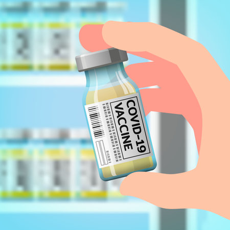 A right hand holding a bottle of the newly developed coronavirus vaccine, COVID-19 to prevent the spread of the virus that is spreading around the world with letters on the label, medical concept.のイラスト素材