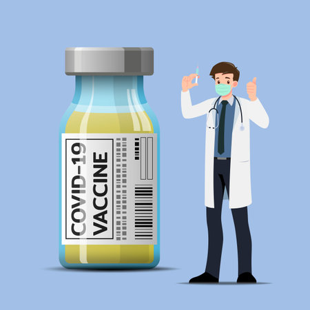The doctor standing beside a large COVID-19 vaccine bottle with a syringe and do a hand made a sign of good. To ensure that it is safe and able to prevent disease. Vector illustration design.のイラスト素材