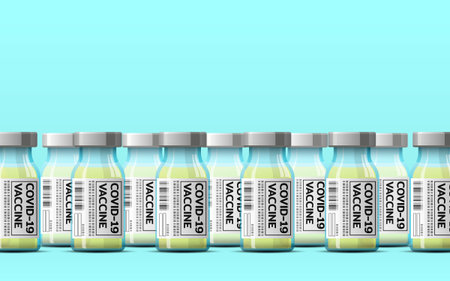 Vaccine bottles of the newly developed coronavirus vaccination, COVID-19 to prevent the spread of the virus that is spreading around the world with letters on the label, medical concept.のイラスト素材